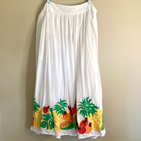 NEW FARM Rio Embroidered Fruits Side Bow Maxi Skirt Beaded Tassels White Size XL - Picture 7 of 16